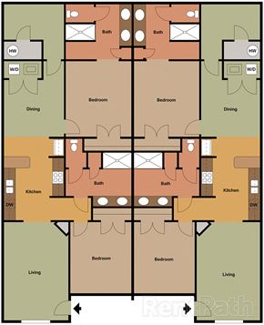 Wake Forest apartment for rent - A floor plan of a house with two bathrooms, two kitchens, four bedrooms, two dining areas, and two living rooms.