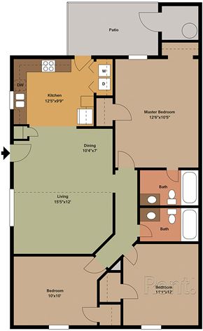 Wake Forest apartment for rent - A floor plan of a house with a kitchen, living room, dining room, and two bedrooms.