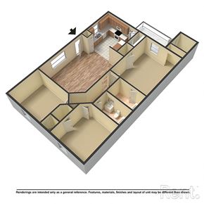 Wake Forest apartment for rent - A 3D floor plan of an apartment with a kitchen, living room, and two bedrooms.