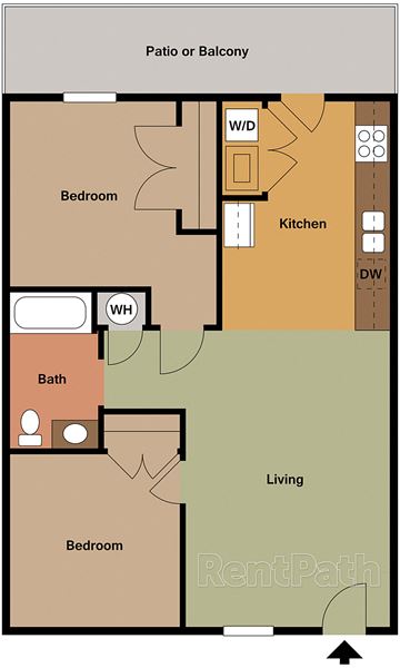 Wake Forest apartment for rent - A floor plan of a living space with a kitchen, bathroom, and two bedrooms.