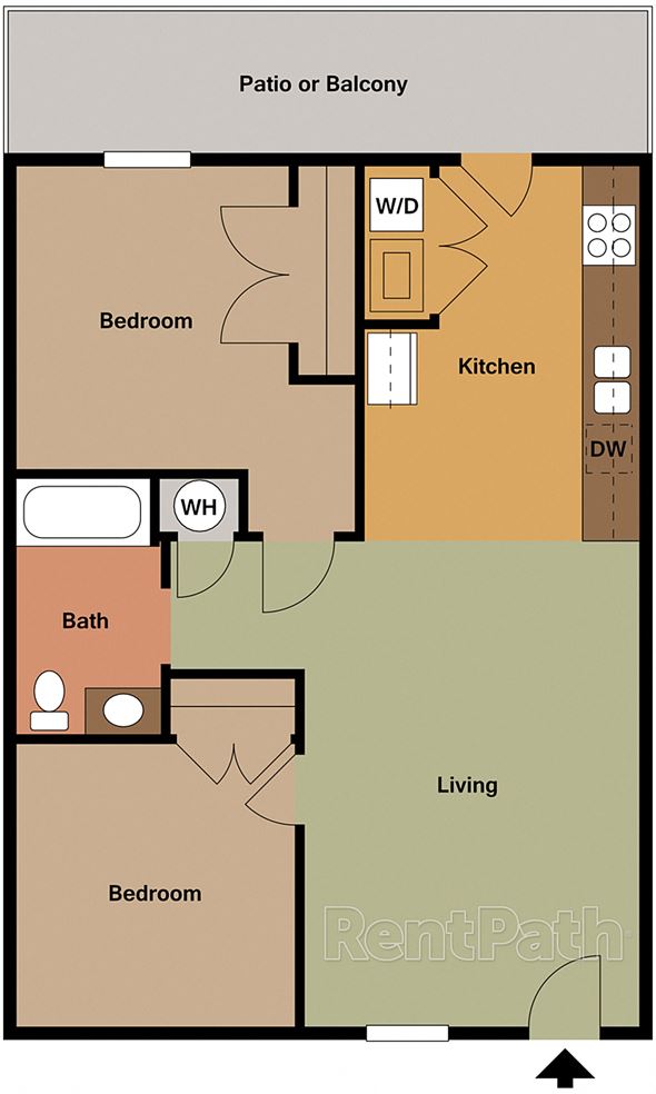 Wake Forest apartment for rent - A floor plan of a living space with a kitchen, bathroom, and two bedrooms.
