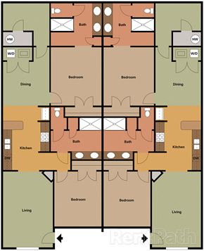 Wake Forest apartment for rent - A floor plan of a house with two dining areas, two living areas, and four bedrooms.