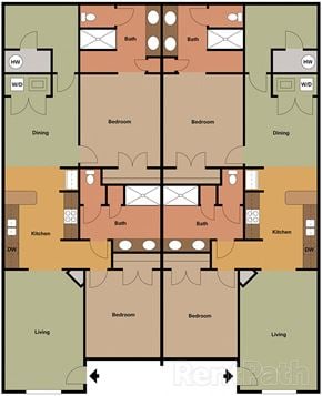 Wake Forest apartment for rent - A floor plan of a house with two dining areas, two living areas, and four bedrooms.