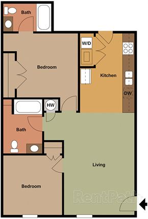 Wake Forest apartment for rent - A floor plan of an apartment with two bedrooms, a living room, a kitchen, and two bathrooms.