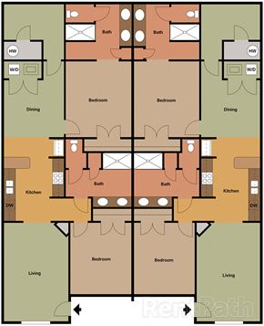 Wake Forest apartment for rent - A floor plan of a house with two bathrooms, two kitchens, and four bedrooms.