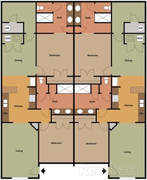 Wake Forest apartment for rent - A floor plan of a house with two bathrooms, two kitchens, and four bedrooms.