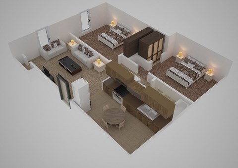 Floor plan for 2 beds, 1 bath, 635 sqft