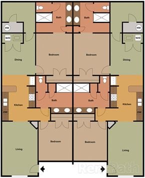 Wake Forest apartment for rent - A floor plan of a house with two dining areas, two living areas, and four bedrooms.