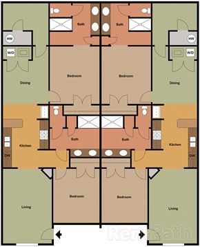 Wake Forest apartment for rent - A floor plan of a house with two dining areas, two living areas, and four bedrooms.