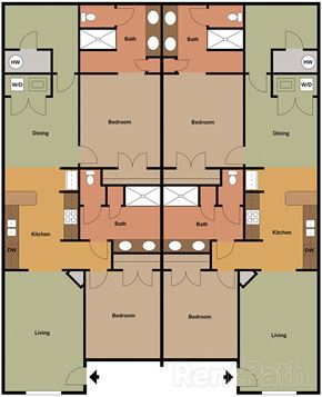 Wake Forest apartment for rent - A floor plan of a house with two bathrooms, two kitchens, and four bedrooms.