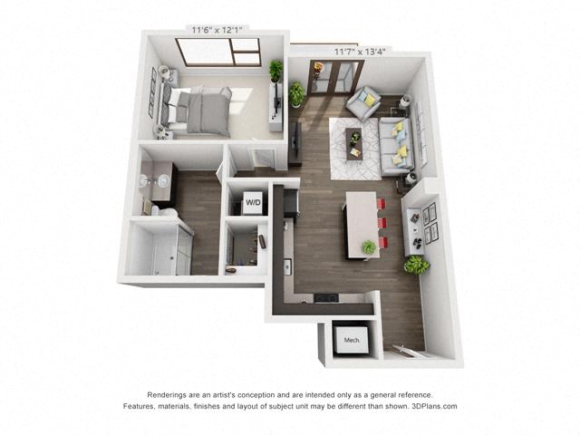Floor plan for 1 bed, 1 bath, 675 sqft