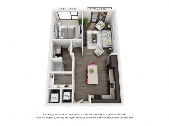 Floor plan for 1 bed, 1 bath, 717 sqft