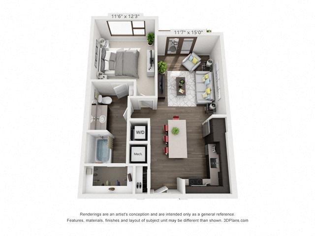 Floor plan for 1 bed, 1 bath, 727 sqft