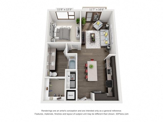 Floor plan for 1 bed, 1 bath, 768 sqft