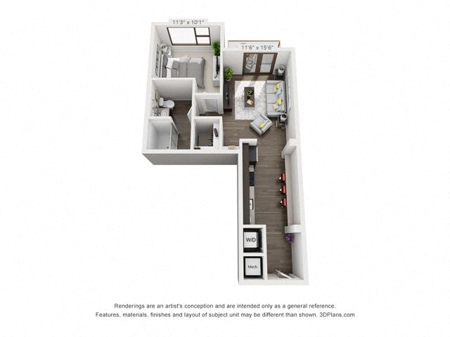 Floor plan for 1 bed, 1 bath, 615 sqft
