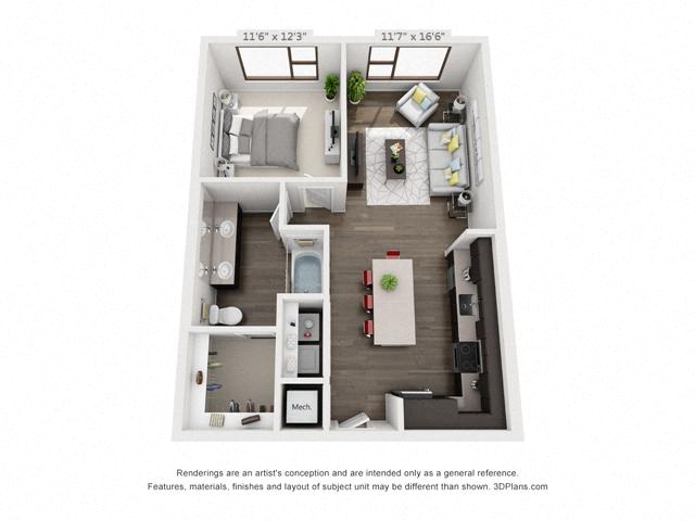 Floor plan for 1 bed, 1 bath, 768 sqft