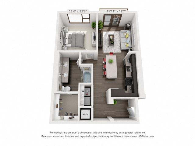 Floor plan for 1 bed, 1 bath, 784 sqft