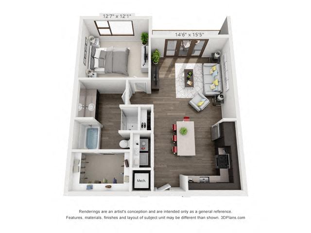 Floor plan for 1 bed, 1 bath, 837 sqft
