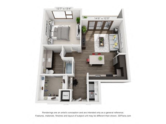 Floor plan for 1 bed, 1 bath, 779 sqft