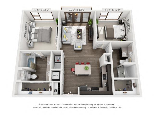 Floor plan for 2 beds, 2 baths, 1008 sqft