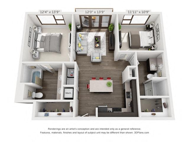 Floor plan for 2 beds, 2 baths, 1042 sqft