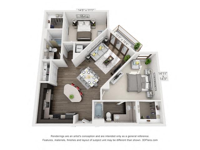 Floor plan for 2 beds, 2 baths, 1142 sqft