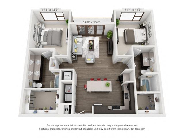 Floor plan for 2 beds, 2 baths, 1153 sqft