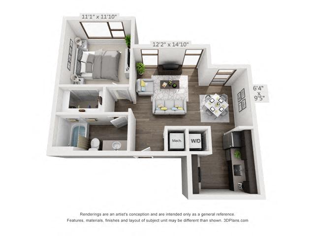 Floor plan for studio, 1 bath, 656 sqft