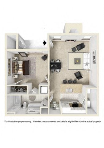 Floor plan for 1 bed, 1 bath, 768 sqft