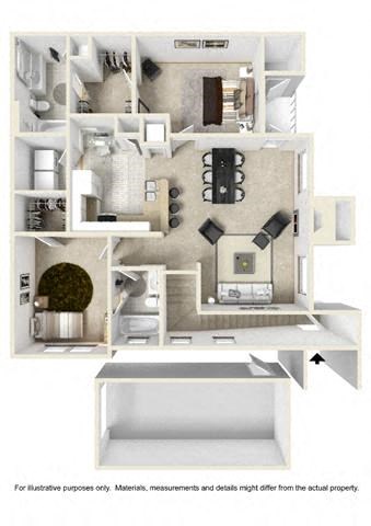 Floor plan for 2 beds, 2 baths, 1086 sqft