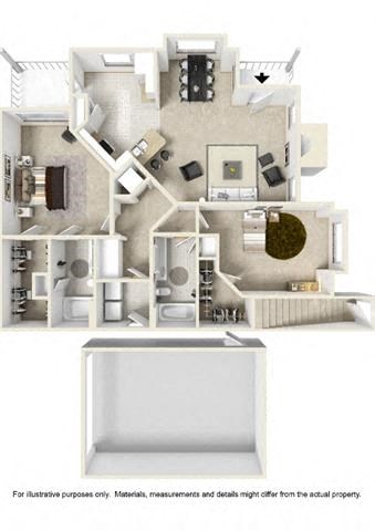Floor plan for 2 beds, 2 baths, 1369 sqft