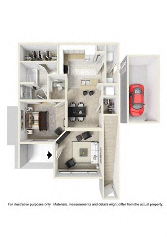 Floor plan for 1 bed, 1 bath, 735 sqft