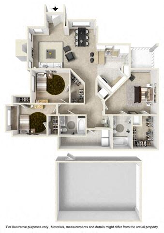 Floor plan for 3 beds, 2 baths, 1539 sqft