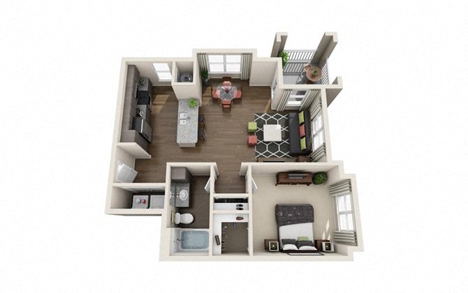 Floor plan for 1 bed, 1 bath, 833 sqft