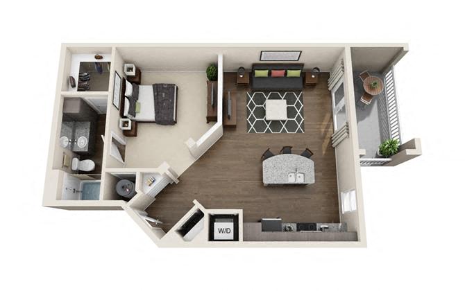 Floor plan for 1 bed, 1 bath, 766 sqft