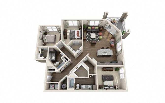 Floor plan for 3 beds, 2 baths, 1507 sqft