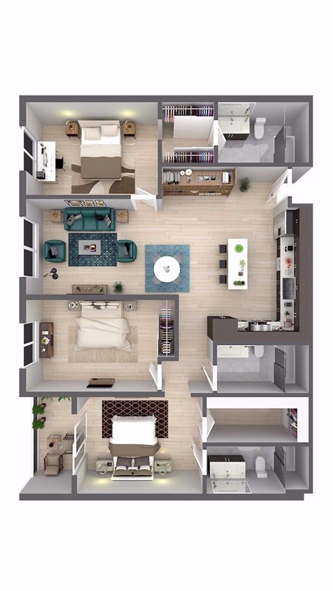 Floor plan for 3 beds, 3 baths, 1358 sqft