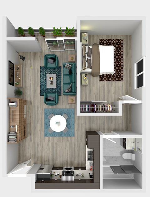 Floor plan for 1 bed, 1 bath, 686 sqft