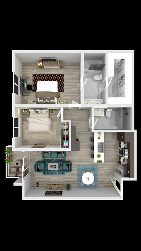 Floor plan for 2 beds, 2 baths, 1002 sqft