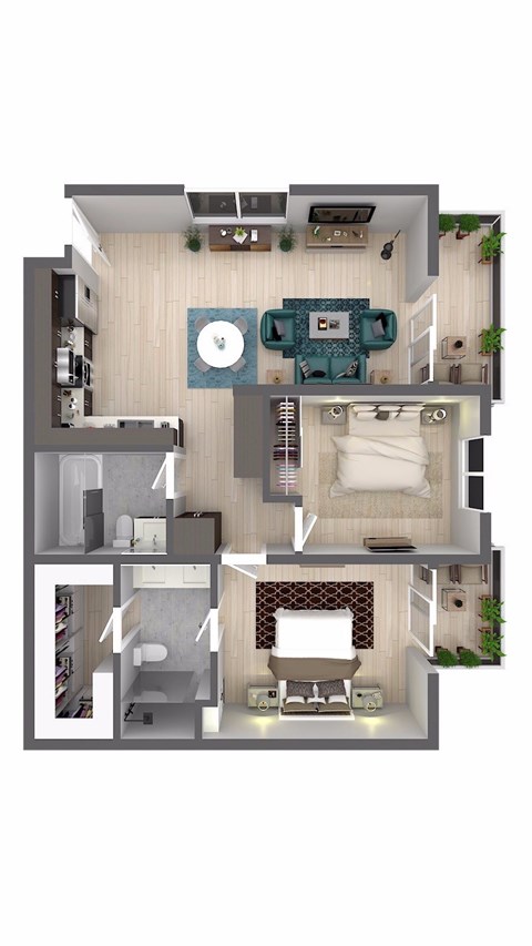 Floor plan for 2 beds, 2 baths, 773 sqft