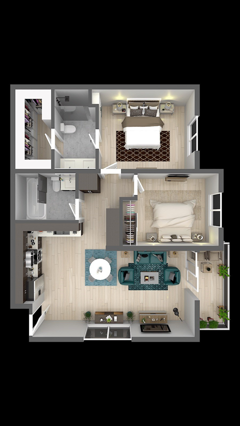 Floor plan for 2 beds, 2 baths, 1068 sqft