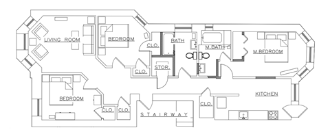 Floor plan for 3 beds, 2 baths