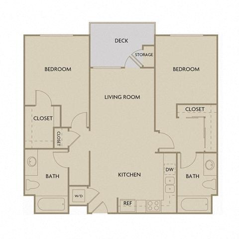 Floor plan for 2 beds, 2 baths, 1073 sqft