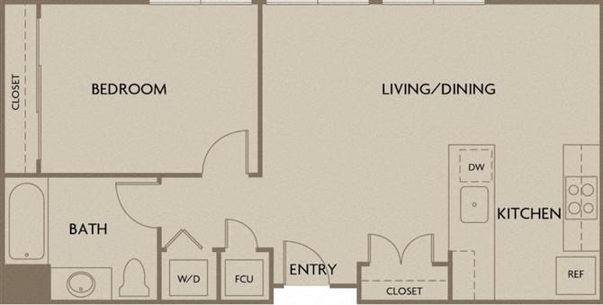 Floor plan for 1 bed, 1 bath, 656 sqft