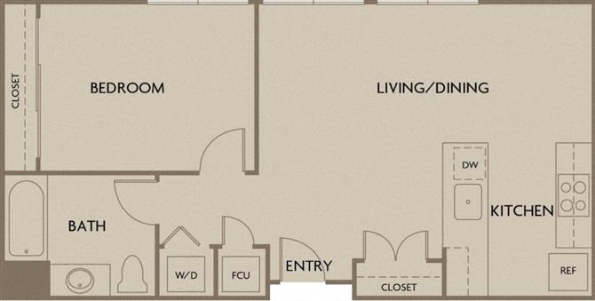 Floor plan for 1 bed, 1 bath, 658 sqft