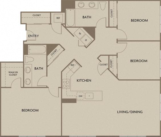 Floor plan for 3 beds, 2 baths, 1206 sqft