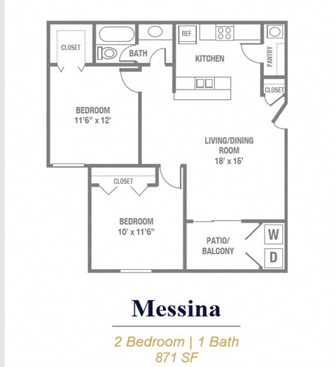 Floor plan for 2 beds, 1 bath, 871 sqft