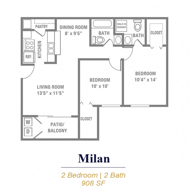 Floor plan for 2 beds, 2 baths, 908 sqft