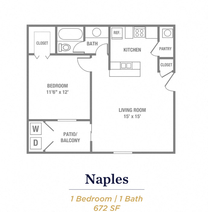 Floor plan for 1 bed, 1 bath, 672 sqft