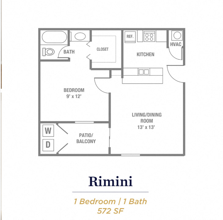 Floor plan for 1 bed, 1 bath, 572 sqft